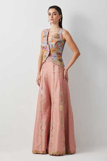 Buy_Aum By Asit And Ashima_Multi Color Silk, Cotton Embroidery, Beads, Pearls, Corset And Palazzo Set _Online_at_Aza_Fashions