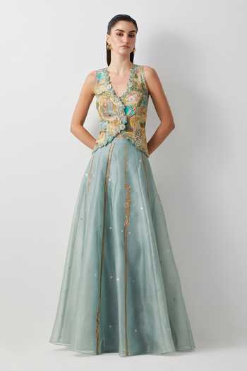 Aum By Asit And Ashima Aqua Embroidered Skirt & Corset Set 