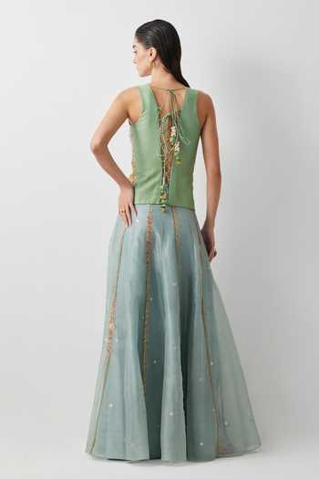 Aum By Asit And Ashima Aqua Embroidered Skirt & Corset Set 