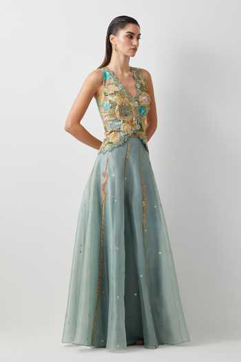 Aum By Asit And Ashima_Blue , , Beads, Aqua Embroidered Skirt And Corset Set _Online_at_Aza_Fashions