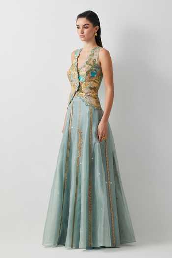 Buy_Aum By Asit And Ashima_Blue , , Beads, Aqua Embroidered Skirt And Corset Set _Online_at_Aza_Fashions