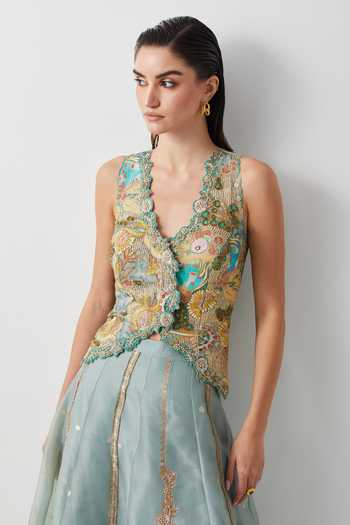 Shop_Aum By Asit And Ashima_Blue , , Beads, Aqua Embroidered Skirt And Corset Set _Online_at_Aza_Fashions