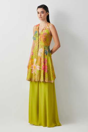 Aum By Asit And Ashima_Green Crepe, Silk Satin V-neck Embroidered Peplum Top And Sharara Set _Online_at_Aza_Fashions