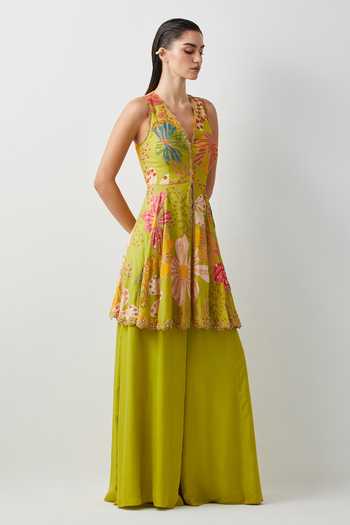Buy_Aum By Asit And Ashima_Green Crepe, Silk Satin V-neck Embroidered Peplum Top And Sharara Set _Online_at_Aza_Fashions