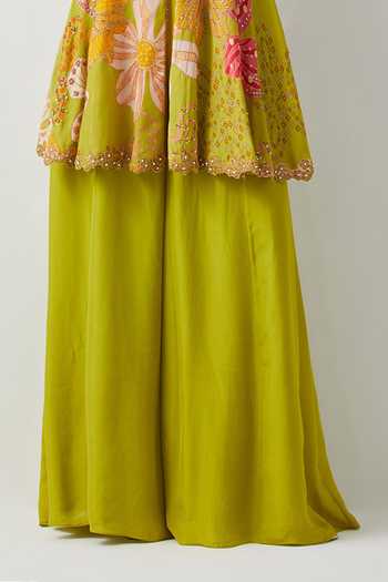 Shop_Aum By Asit And Ashima_Green Crepe, Silk Satin V-neck Embroidered Peplum Top And Sharara Set _Online_at_Aza_Fashions