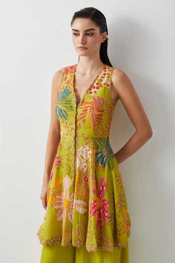 Aum By Asit And Ashima_Green Crepe, Silk Satin V-neck Embroidered Peplum Top And Sharara Set _at_Aza_Fashions