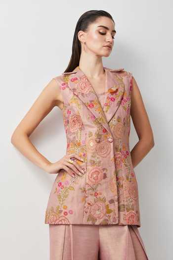 Aum By Asit And Ashima_Pink Silk, Tissue Shawl Neck Rose Embroidered Jacket And Sharara Set _Online_at_Aza_Fashions