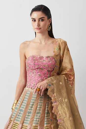 Shop Aum By Asit And Ashima Pink Silk, Tissue, Organza Sequins, Stones, Embroidered Corset Lehenga Set Online at Aza Fashions Shop_Aum By Asit And Ashima_Pink Silk, Tissue, Organza Sequins, Stones, Embroidered Corset Lehenga Set _Online_at_Aza_Fashions