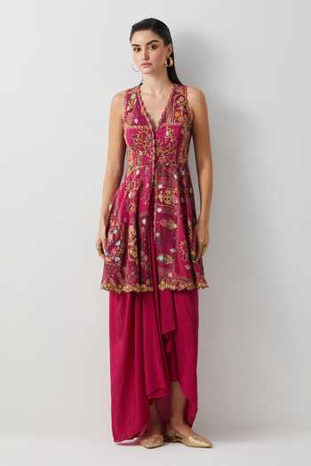 Aum By Asit And Ashima Magenta Embroidered Peplum Top & Skirt Set 