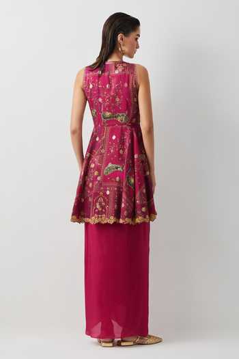 Aum By Asit And Ashima Magenta Embroidered Peplum Top & Skirt Set 