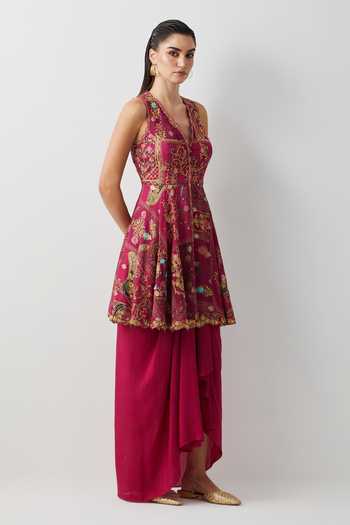 Aum By Asit And Ashima_Magenta Silk, Cotton, Crepe V-neck Embroidered Peplum Top And Skirt Set _Online_at_Aza_Fashions