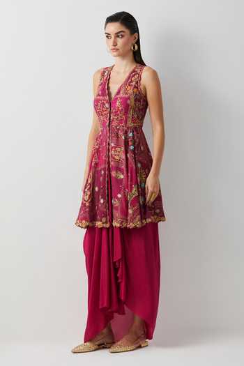 Buy_Aum By Asit And Ashima_Magenta Silk, Cotton, Crepe V-neck Embroidered Peplum Top And Skirt Set _Online_at_Aza_Fashions