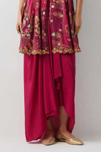 Shop_Aum By Asit And Ashima_Magenta Silk, Cotton, Crepe V-neck Embroidered Peplum Top And Skirt Set _Online_at_Aza_Fashions