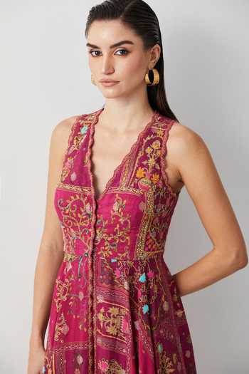 Aum By Asit And Ashima_Magenta Silk, Cotton, Crepe V-neck Embroidered Peplum Top And Skirt Set _at_Aza_Fashions