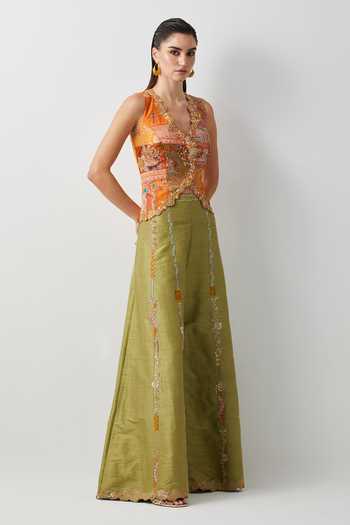 Aum By Asit And Ashima_Orange Silk, Cotton Embroidery V-neck Jacket And Palazzo Set _Online_at_Aza_Fashions