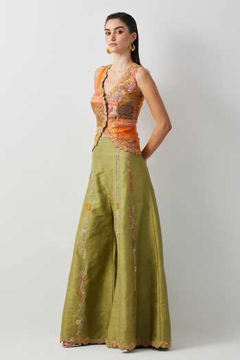 Buy_Aum By Asit And Ashima_Orange Silk, Cotton Embroidery V-neck Jacket And Palazzo Set _Online_at_Aza_Fashions