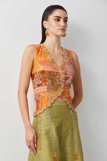 Shop_Aum By Asit And Ashima_Orange Silk, Cotton Embroidery V-neck Jacket And Palazzo Set _Online_at_Aza_Fashions