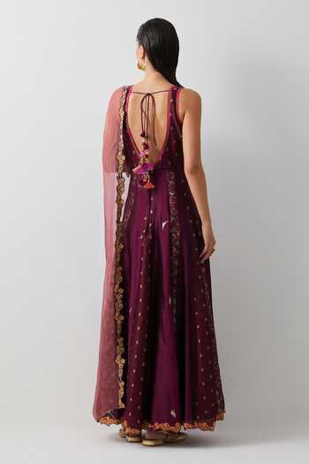 Aum By Asit And Ashima Wine Embroidered Anarkali With Dupatta 