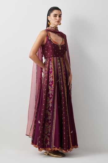 Aum By Asit And Ashima Wine Silk, Organza, Brocade Leaf Neck Embroidered Anarkali With Dupatta Online at Aza Fashions Aum By Asit And Ashima_Wine Silk, Organza, Brocade Leaf Neck Embroidered Anarkali With Dupatta _Online_at_Aza_Fashions