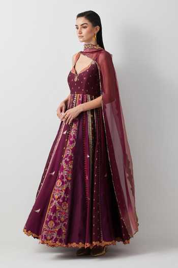 Buy Aum By Asit And Ashima Wine Silk, Organza, Brocade Leaf Neck Embroidered Anarkali With Dupatta Online at Aza Fashions Buy_Aum By Asit And Ashima_Wine Silk, Organza, Brocade Leaf Neck Embroidered Anarkali With Dupatta _Online_at_Aza_Fashions