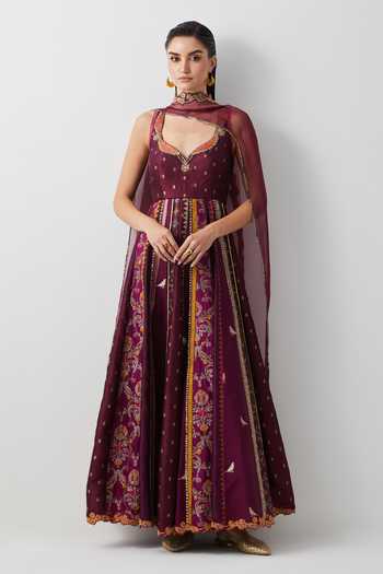 Aum By Asit And Ashima Wine Embroidered Anarkali With Dupatta 