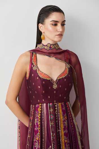 Shop Aum By Asit And Ashima Wine Silk, Organza, Brocade Leaf Neck Embroidered Anarkali With Dupatta Online at Aza Fashions Shop_Aum By Asit And Ashima_Wine Silk, Organza, Brocade Leaf Neck Embroidered Anarkali With Dupatta _Online_at_Aza_Fashions