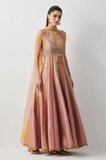 Aum By Asit And Ashima Pink Silk V-neck Raw Embroidered Anarkali With Dupatta Online at Aza Fashions Aum By Asit And Ashima_Pink Silk V-neck Raw Embroidered Anarkali With Dupatta _Online_at_Aza_Fashions