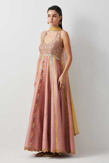 Buy Aum By Asit And Ashima Pink Silk V-neck Raw Embroidered Anarkali With Dupatta Online at Aza Fashions Buy_Aum By Asit And Ashima_Pink Silk V-neck Raw Embroidered Anarkali With Dupatta _Online_at_Aza_Fashions