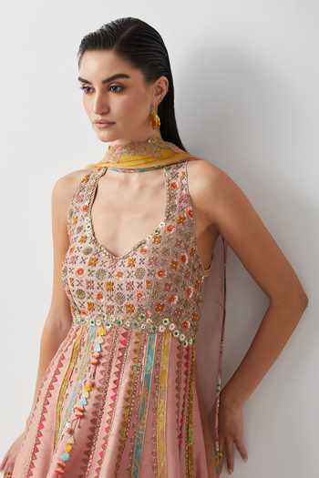 Shop Aum By Asit And Ashima Pink Silk V-neck Raw Embroidered Anarkali With Dupatta Online at Aza Fashions Shop_Aum By Asit And Ashima_Pink Silk V-neck Raw Embroidered Anarkali With Dupatta _Online_at_Aza_Fashions