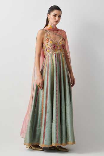 Aum By Asit And Ashima Green Silk Asymmetric Neck Hand Embroidered Anarkali With Dupatta Online at Aza Fashions Aum By Asit And Ashima_Green Silk Asymmetric Neck Hand Embroidered Anarkali With Dupatta _Online_at_Aza_Fashions