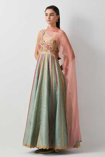 Buy Aum By Asit And Ashima Green Silk Asymmetric Neck Hand Embroidered Anarkali With Dupatta Online at Aza Fashions Buy_Aum By Asit And Ashima_Green Silk Asymmetric Neck Hand Embroidered Anarkali With Dupatta _Online_at_Aza_Fashions
