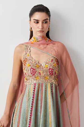 Shop Aum By Asit And Ashima Green Silk Asymmetric Neck Hand Embroidered Anarkali With Dupatta Online at Aza Fashions Shop_Aum By Asit And Ashima_Green Silk Asymmetric Neck Hand Embroidered Anarkali With Dupatta _Online_at_Aza_Fashions