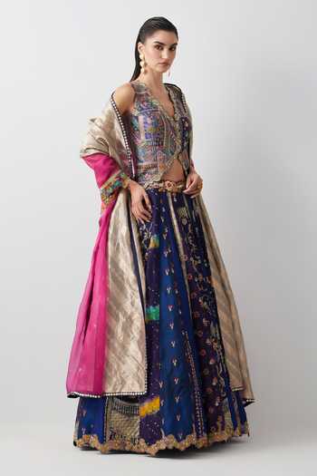 Buy Aum By Asit And Ashima Blue Silk, Organza, Brocade Sequins, Mirrors V-neck Embroidered Lehenga Set Online at Aza Fashions Buy_Aum By Asit And Ashima_Blue Silk, Organza, Brocade Sequins, Mirrors V-neck Embroidered Lehenga Set _Online_at_Aza_Fashions