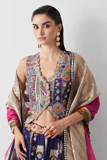 Shop Aum By Asit And Ashima Blue Silk, Organza, Brocade Sequins, Mirrors V-neck Embroidered Lehenga Set Online at Aza Fashions Shop_Aum By Asit And Ashima_Blue Silk, Organza, Brocade Sequins, Mirrors V-neck Embroidered Lehenga Set _Online_at_Aza_Fashions