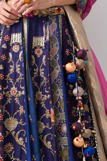 Aum By Asit And Ashima Blue Silk, Organza, Brocade Sequins, Mirrors V-neck Embroidered Lehenga Set at Aza Fashions Aum By Asit And Ashima_Blue Silk, Organza, Brocade Sequins, Mirrors V-neck Embroidered Lehenga Set _at_Aza_Fashions