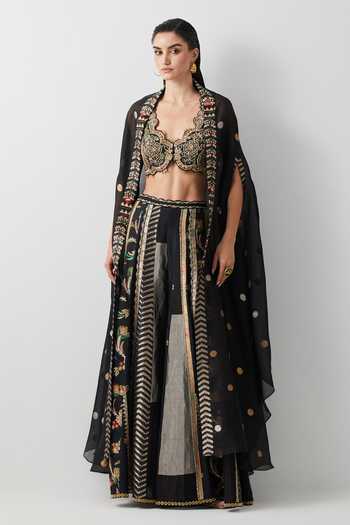 Aum By Asit And Ashima_Black Silk, Organza, Tissue V-neck Hand Embroidered Cape Sharara Set _Online_at_Aza_Fashions