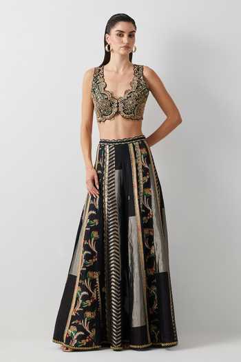 Buy_Aum By Asit And Ashima_Black Silk, Organza, Tissue V-neck Hand Embroidered Cape Sharara Set _Online_at_Aza_Fashions