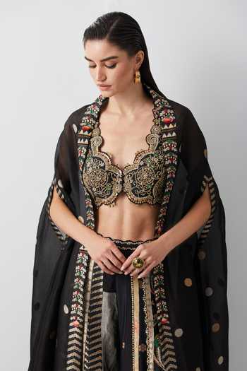 Shop_Aum By Asit And Ashima_Black Silk, Organza, Tissue V-neck Hand Embroidered Cape Sharara Set _Online_at_Aza_Fashions
