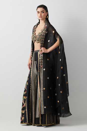 Aum By Asit And Ashima_Black Silk, Organza, Tissue V-neck Hand Embroidered Cape Sharara Set _at_Aza_Fashions