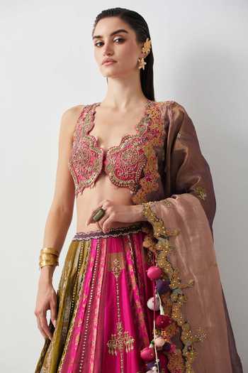 Aum By Asit And Ashima_Multi Color Silk, Organza, Tissue, Brocade Multicolour Embroidered Lehenga Set _Online_at_Aza_Fashions