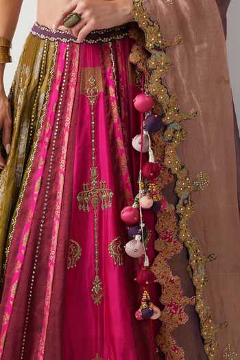 Buy_Aum By Asit And Ashima_Multi Color Silk, Organza, Tissue, Brocade Multicolour Embroidered Lehenga Set _Online_at_Aza_Fashions
