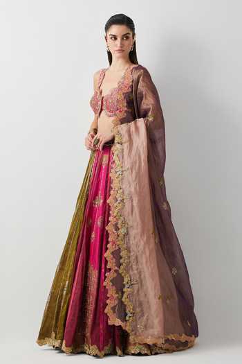 Shop_Aum By Asit And Ashima_Multi Color Silk, Organza, Tissue, Brocade Multicolour Embroidered Lehenga Set _Online_at_Aza_Fashions