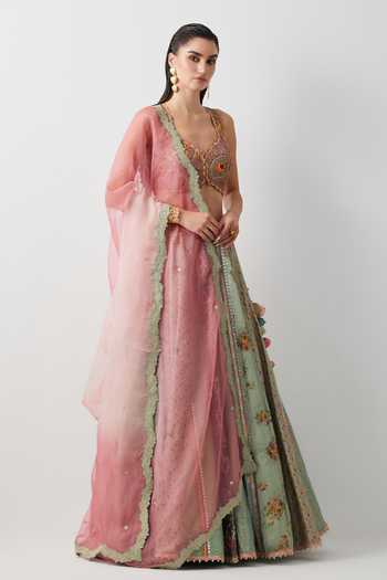 Aum By Asit And Ashima_Green Silk, Organza V-neck Embroidered Blouse Lehenga Set _Online_at_Aza_Fashions