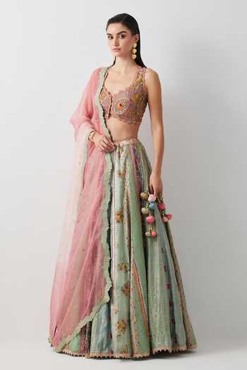 Buy_Aum By Asit And Ashima_Green Silk, Organza V-neck Embroidered Blouse Lehenga Set _Online_at_Aza_Fashions