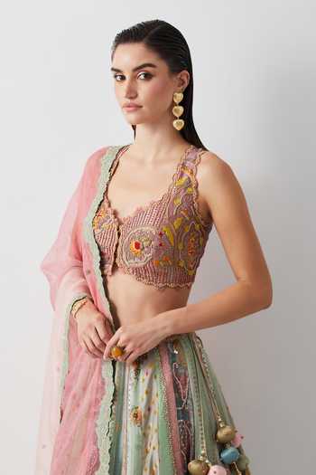 Shop_Aum By Asit And Ashima_Green Silk, Organza V-neck Embroidered Blouse Lehenga Set _Online_at_Aza_Fashions