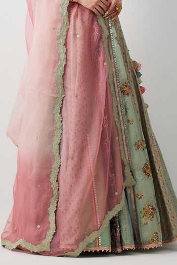 Aum By Asit And Ashima_Green Silk, Organza V-neck Embroidered Blouse Lehenga Set _at_Aza_Fashions