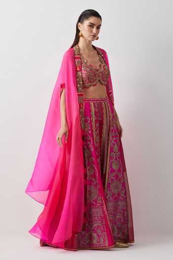 Aum By Asit And Ashima Pink Silk, Organza, Tissue V-neck Diva Hand Embroidered Cape Sharara Set Online at Aza Fashions Aum By Asit And Ashima_Pink Silk, Organza, Tissue V-neck Diva Hand Embroidered Cape Sharara Set _Online_at_Aza_Fashions