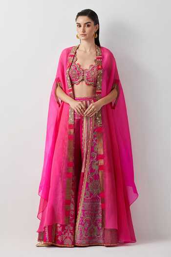 Aum By Asit And Ashima Diva Pink Hand Embroidered Cape Sharara Set 