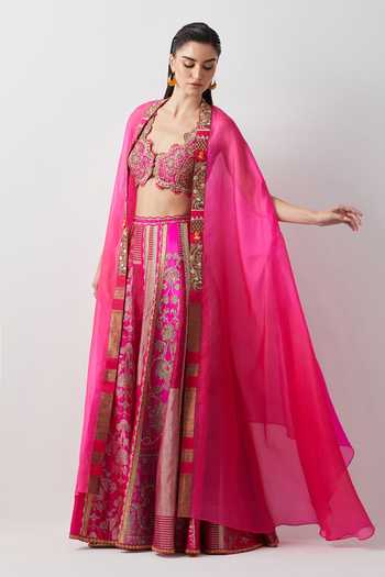 Shop Aum By Asit And Ashima Pink Silk, Organza, Tissue V-neck Diva Hand Embroidered Cape Sharara Set Online at Aza Fashions Shop_Aum By Asit And Ashima_Pink Silk, Organza, Tissue V-neck Diva Hand Embroidered Cape Sharara Set _Online_at_Aza_Fashions