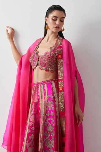 Buy Aum By Asit And Ashima Pink Silk, Organza, Tissue V-neck Diva Hand Embroidered Cape Sharara Set Buy_Aum By Asit And Ashima_Pink Silk, Organza, Tissue V-neck Diva Hand Embroidered Cape Sharara Set
